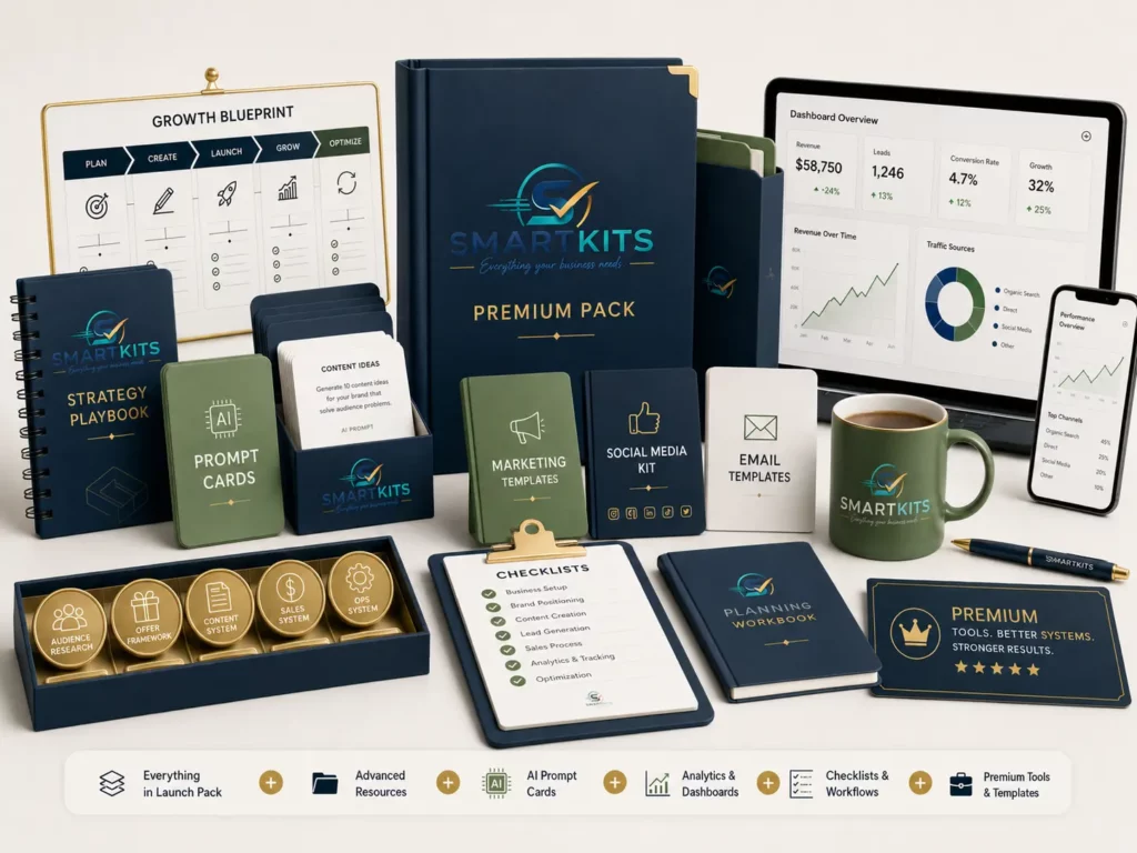 SmartKits Premium Pack with advanced business templates, AI prompt cards, marketing resources and productivity tools